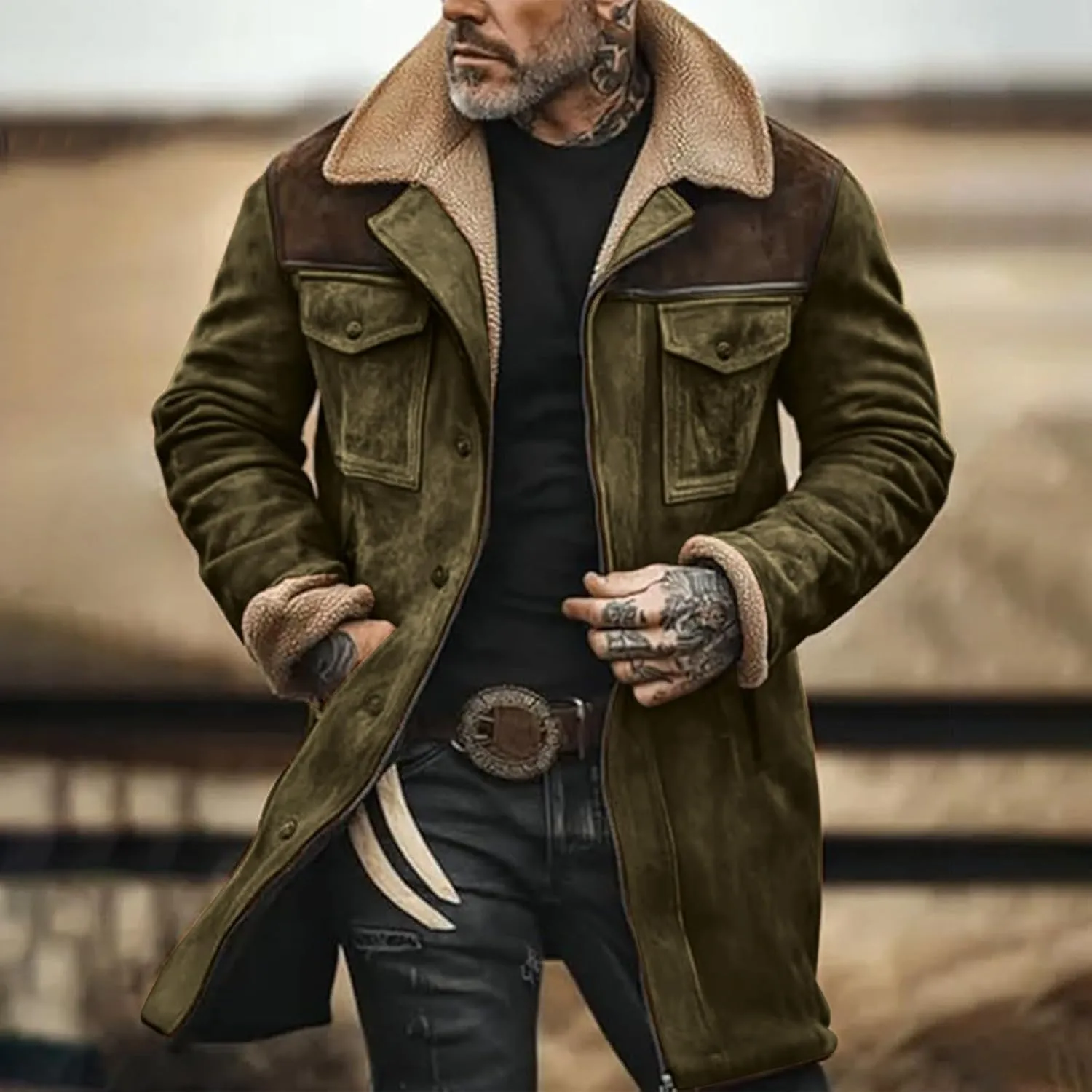 Men's Trench Coat Long Pea Coat Warm Buttons Coat Jacket Wool Long Sleeve Warm Coat Turn-down Collar Coat Vintage