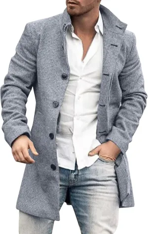 Mens Trench Coat Single Breasted Winter Warm Slim Fit Pea Coat Notched Collar Casual Overcoat Work Business Jacket