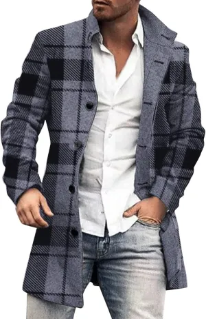 Mens Trench Coat Single Breasted Winter Warm Slim Fit Pea Coat Notched Collar Casual Overcoat Work Business Jacket