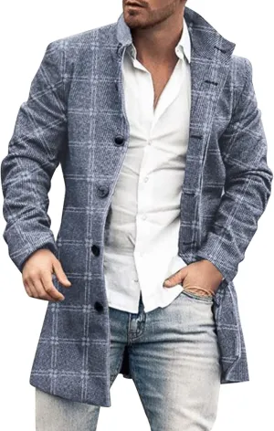 Mens Trench Coat Single Breasted Winter Warm Slim Fit Pea Coat Notched Collar Casual Overcoat Work Business Jacket
