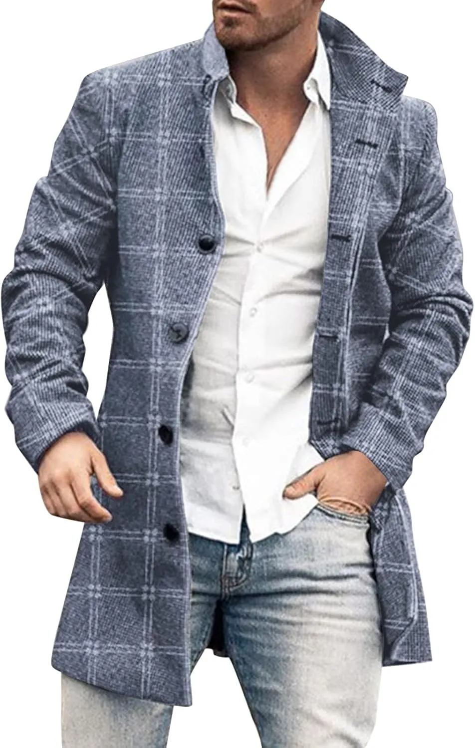 Mens Trench Coat Single Breasted Winter Warm Slim Fit Pea Coat Notched Collar Casual Overcoat Work Business Jacket