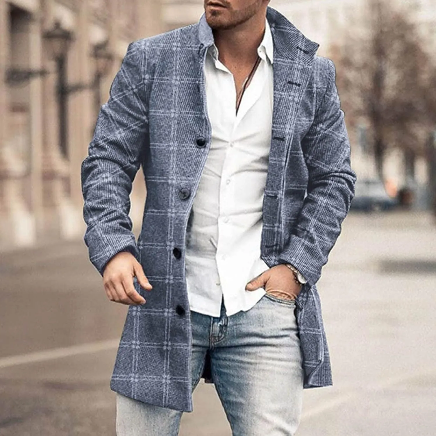 Mens Trench Coat Single Breasted Winter Warm Slim Fit Pea Coat Notched Collar Casual Overcoat Work Business Jacket