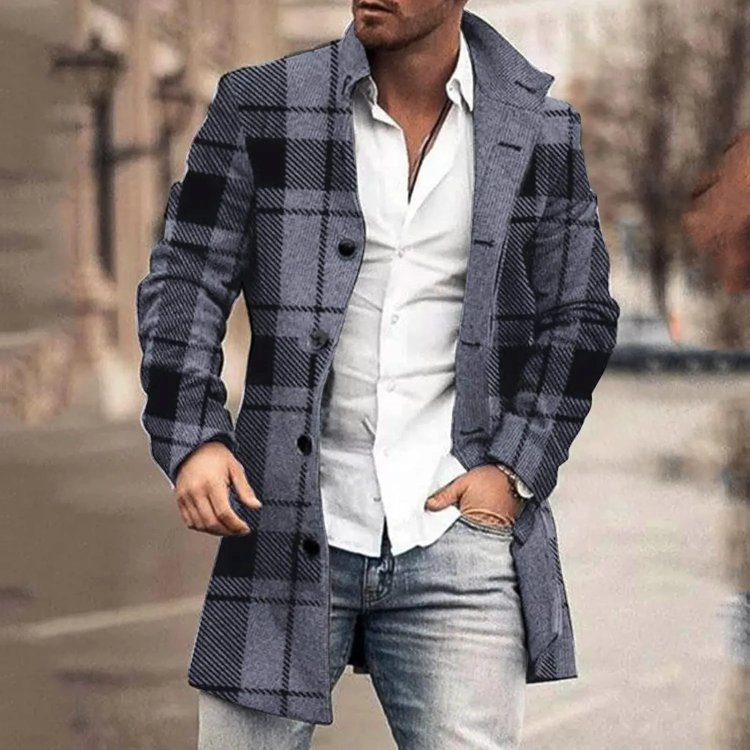 Mens Trench Coat Single Breasted Winter Warm Slim Fit Pea Coat Notched Collar Casual Overcoat Work Business Jacket