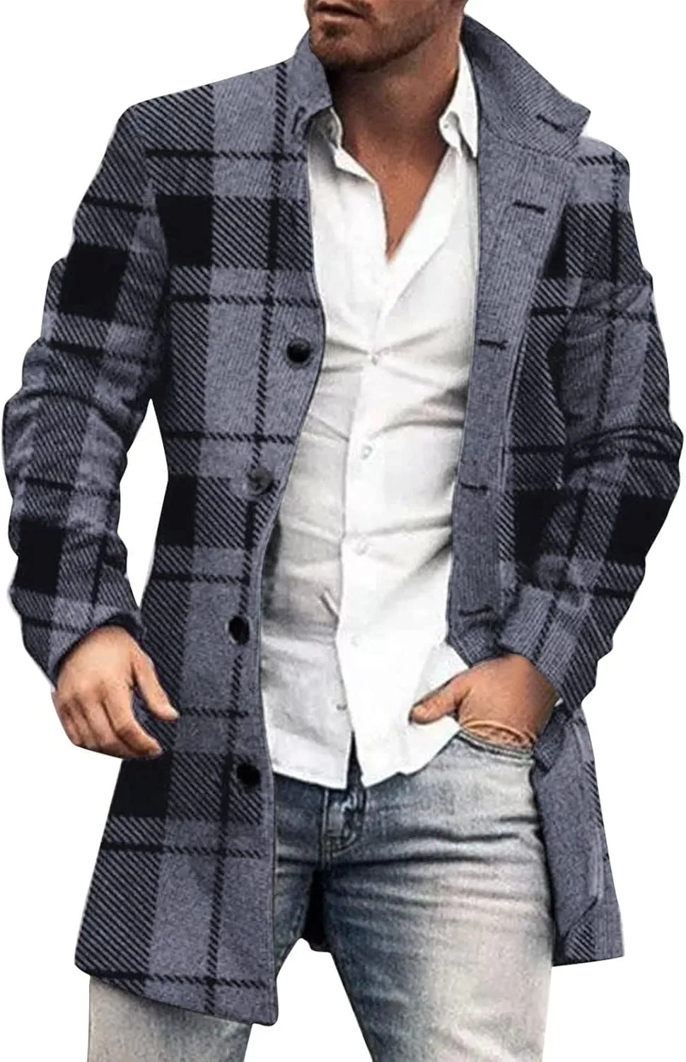 Mens Trench Coat Single Breasted Winter Warm Slim Fit Pea Coat Notched Collar Casual Overcoat Work Business Jacket