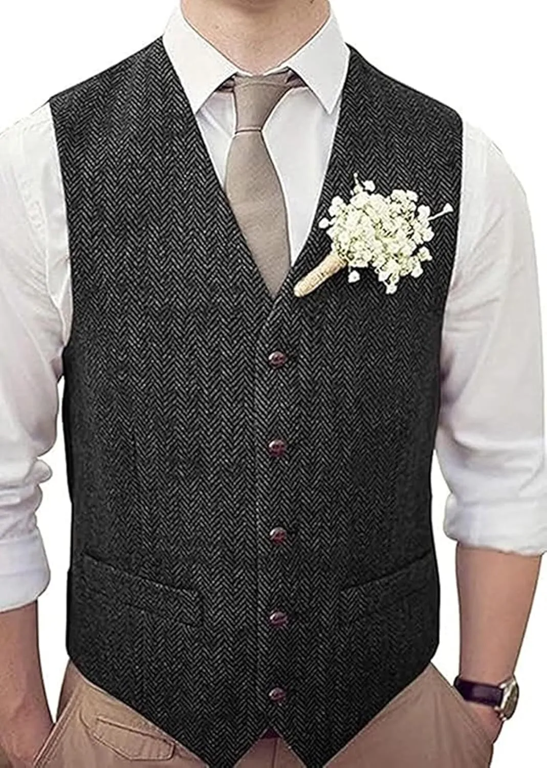 Men's Tweed Vest Herringbone Wool Waistcoat for Wedding Men Vests Formal Groom's Wear Suit Vest