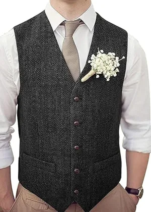 Men's Tweed Vest Herringbone Wool Waistcoat for Wedding Men Vests Formal Groom's Wear Suit Vest