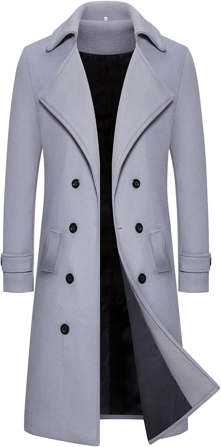 Men's Warm Wool Blend Long Jacket Casual Slim Fit Trench Overcoat with Pockets