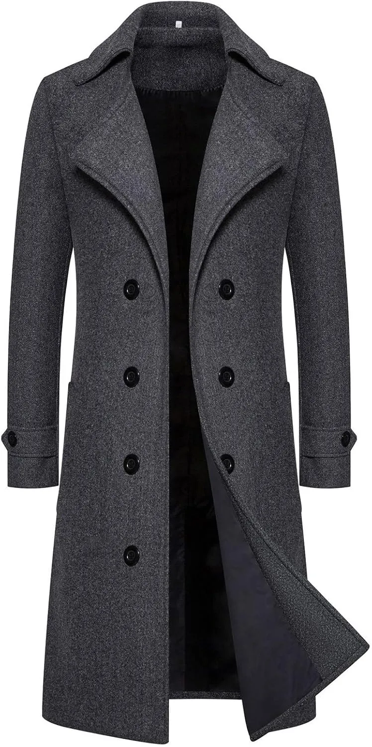 Men's Warm Wool Blend Long Jacket Casual Slim Fit Trench Overcoat with Pockets