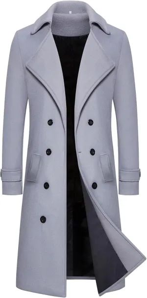 Men's Warm Wool Blend Long Jacket Casual Slim Fit Trench Overcoat with Pockets