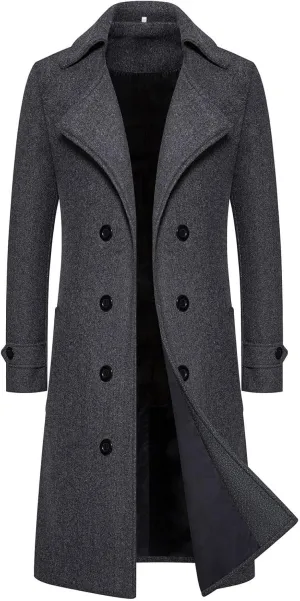 Men's Warm Wool Blend Long Jacket Casual Slim Fit Trench Overcoat with Pockets