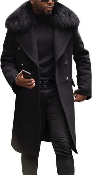 Men's Winter Overcoat Lapel Double Breasted Mid Trench Coat Casual Slim Cotton Blend Pea Coat with Faux Fur Collar