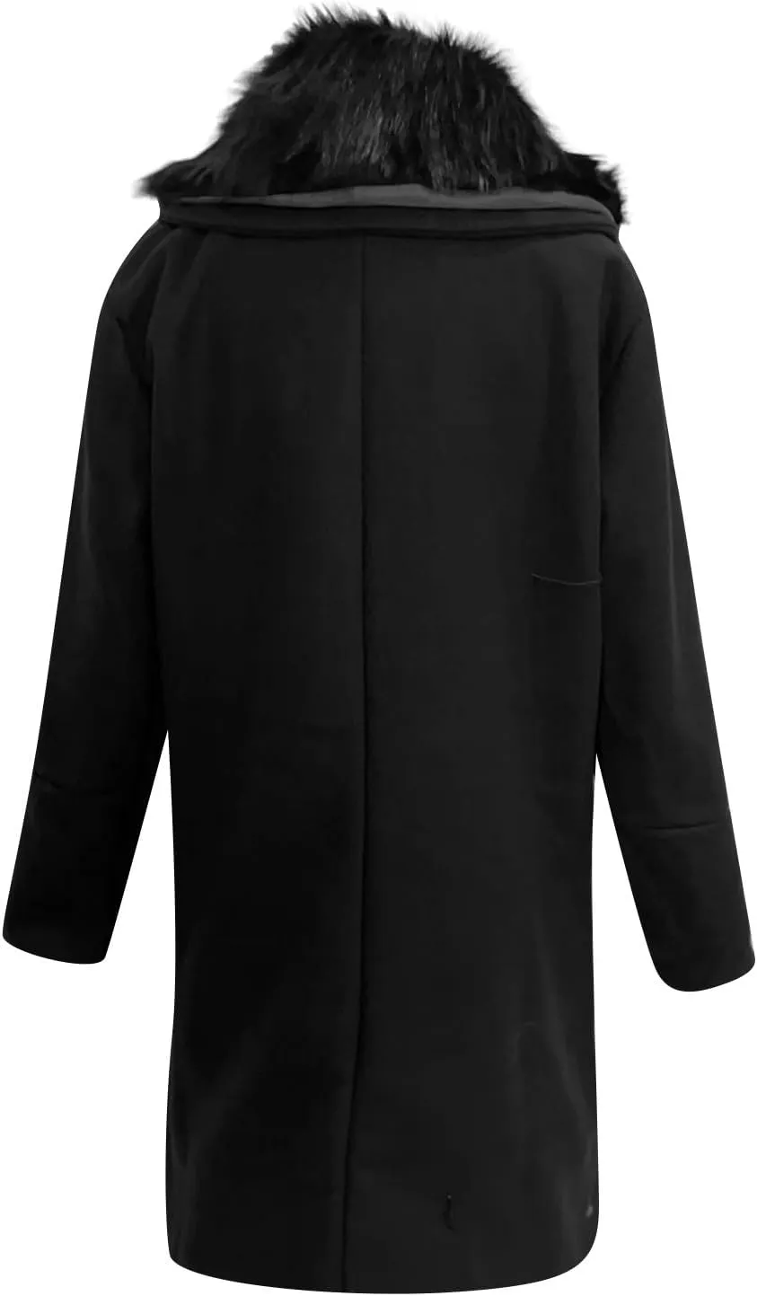 Men's Winter Overcoat Lapel Double Breasted Mid Trench Coat Casual Slim Cotton Blend Pea Coat with Faux Fur Collar