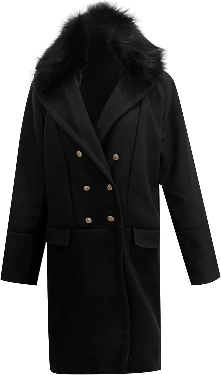 Men's Winter Overcoat Lapel Double Breasted Mid Trench Coat Casual Slim Cotton Blend Pea Coat with Faux Fur Collar