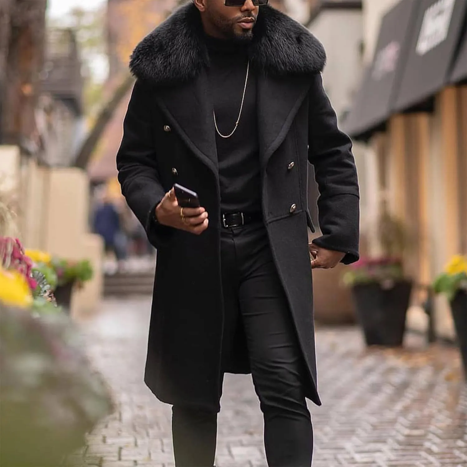 Men's Winter Overcoat Lapel Double Breasted Mid Trench Coat Casual Slim Cotton Blend Pea Coat with Faux Fur Collar