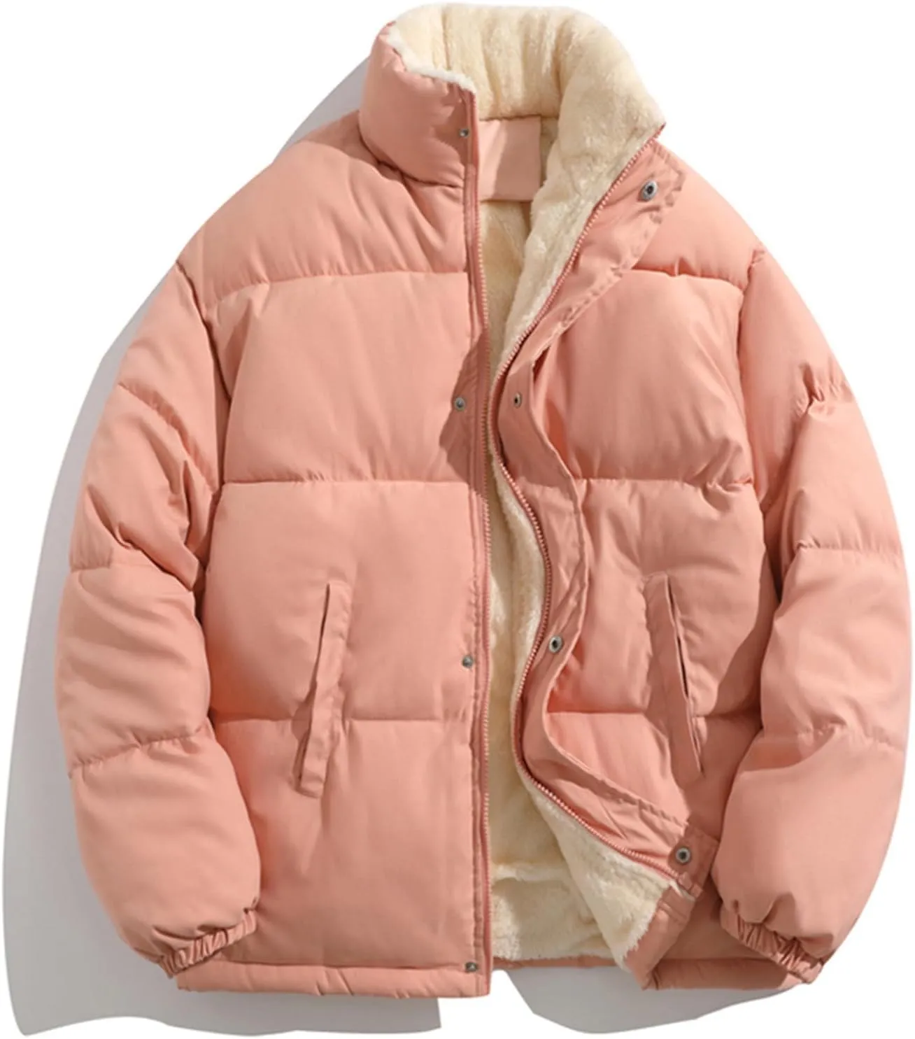 Mens Winter Plus Size Solid Color Zipper Pocket Thick Warm Cotton Padded Jacket Hoodless Coat Mens Down Winter