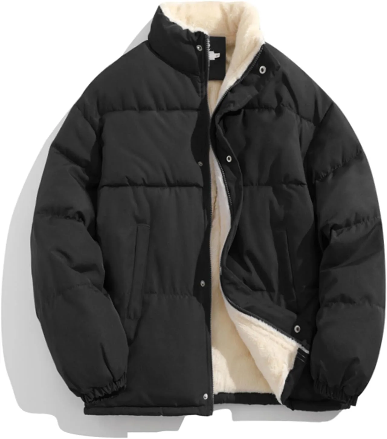 Mens Winter Plus Size Solid Color Zipper Pocket Thick Warm Cotton Padded Jacket Hoodless Coat Mens Down Winter