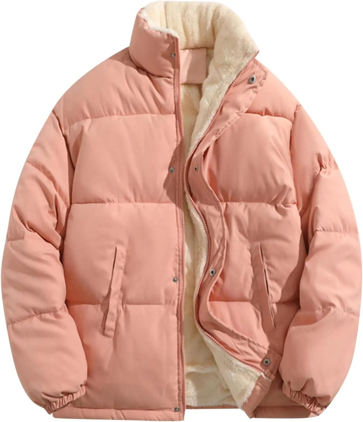 Mens Winter Plus Size Solid Color Zipper Pocket Thick Warm Cotton Padded Jacket Hoodless Coat Mens Down Winter