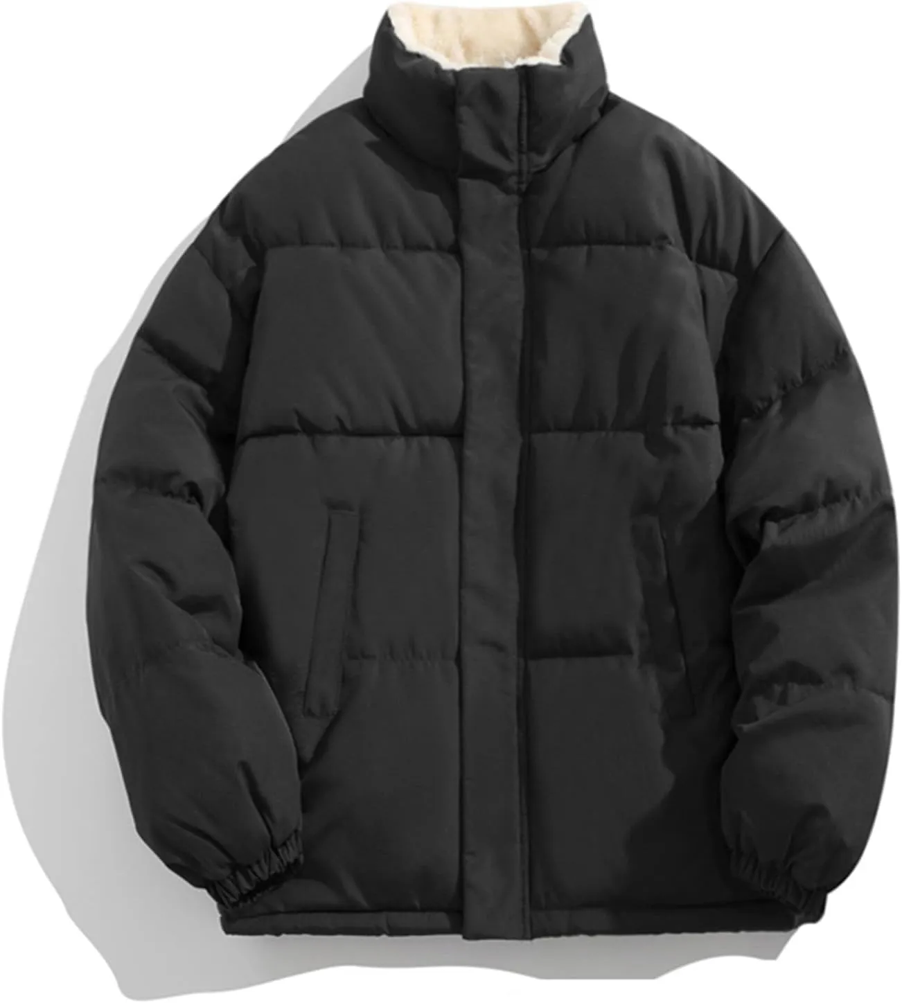Mens Winter Plus Size Solid Color Zipper Pocket Thick Warm Cotton Padded Jacket Hoodless Coat Mens Down Winter