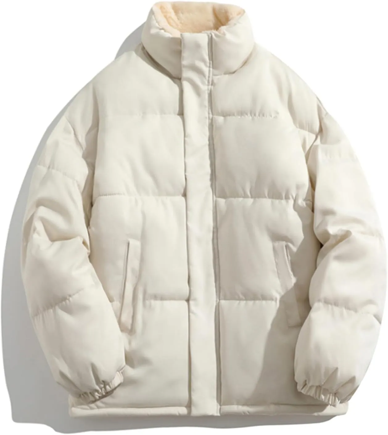 Mens Winter Plus Size Solid Color Zipper Pocket Thick Warm Cotton Padded Jacket Hoodless Coat Mens Down Winter