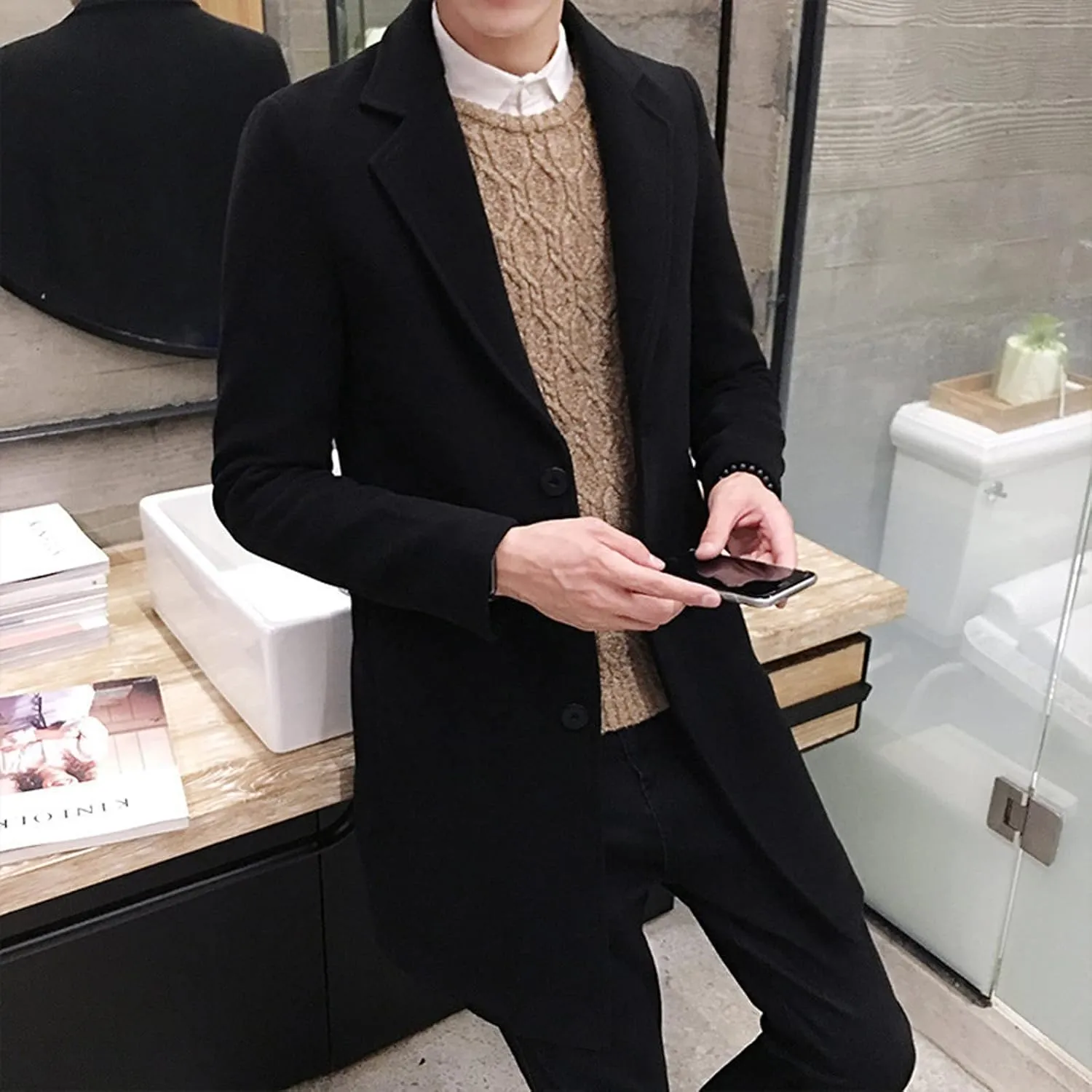 Men's Wool Blend Pea Coat Notched Collar Single Breasted Overcoat Warm Winter Mid-Length Thermal Business Peacoat