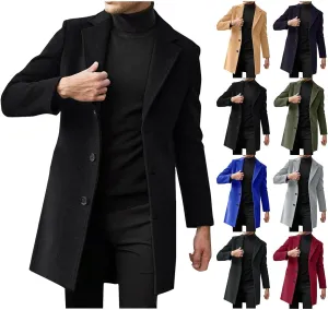 Men's Wool Blend Pea Coat Notched Collar Single Breasted Overcoat Warm Winter Mid-Length Thermal Business Peacoat