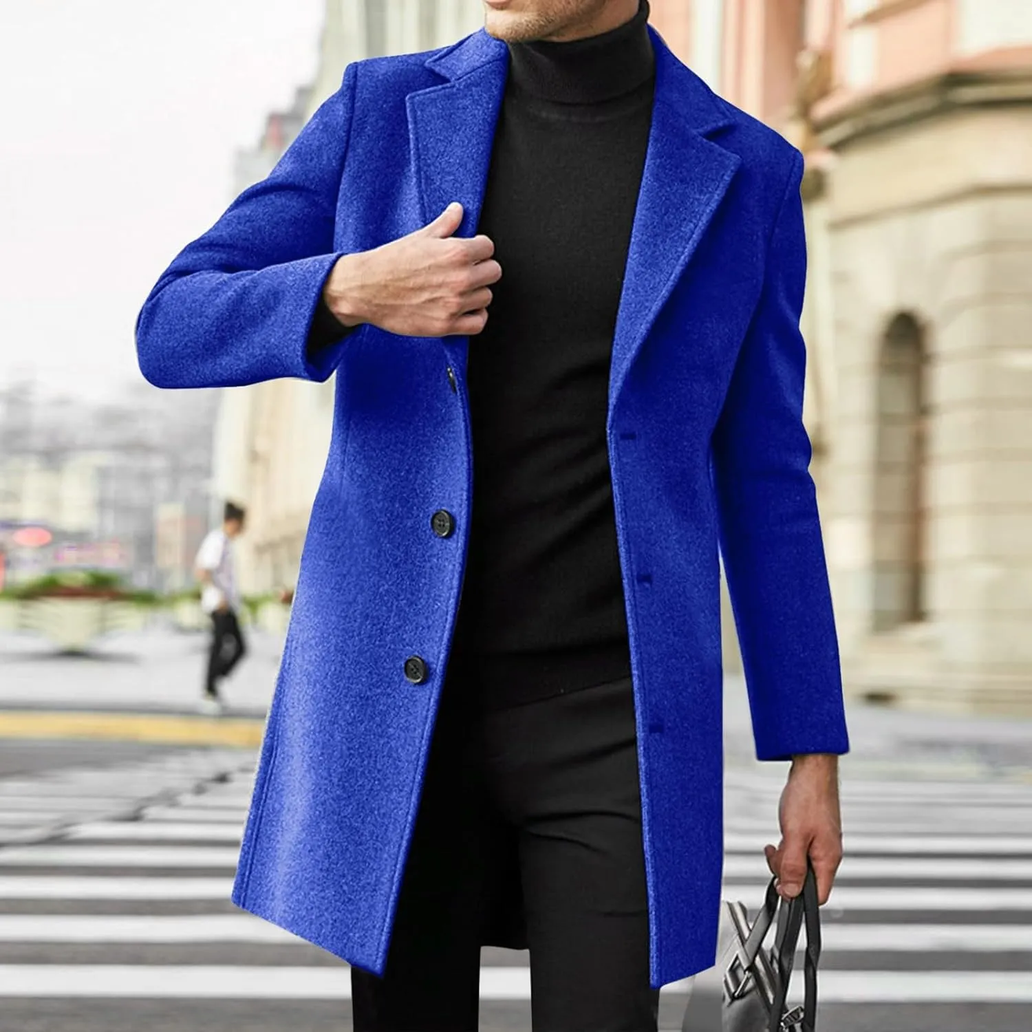 Men's Wool Blend Pea Coat Notched Collar Single Breasted Overcoat Warm Winter Mid-Length Thermal Business Peacoat