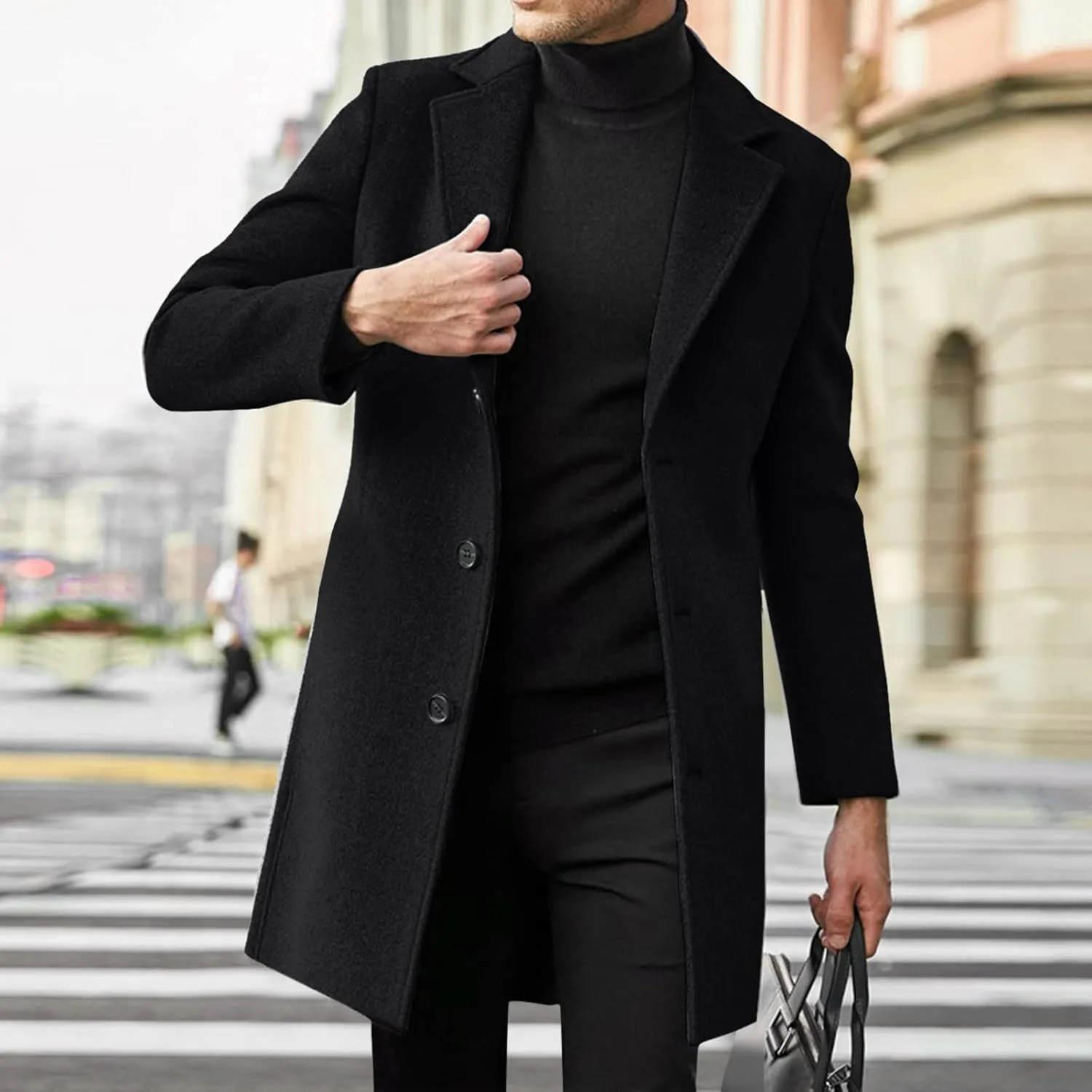 Men's Wool Blend Pea Coat Notched Collar Single Breasted Overcoat Warm Winter Mid-Length Thermal Business Peacoat