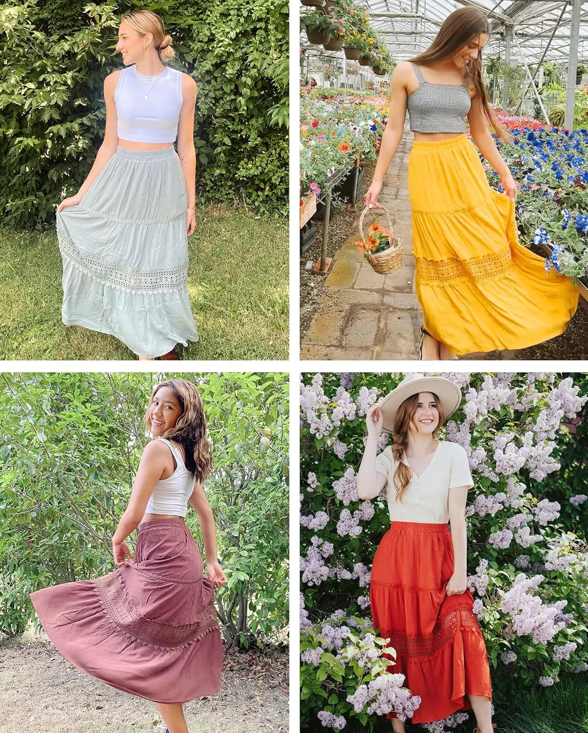 MEROKEETY Women's Boho Elastic High Waist Pleated A-line Ruffle Lace Trim Tiered Midi Maxi Skirt with Pockets