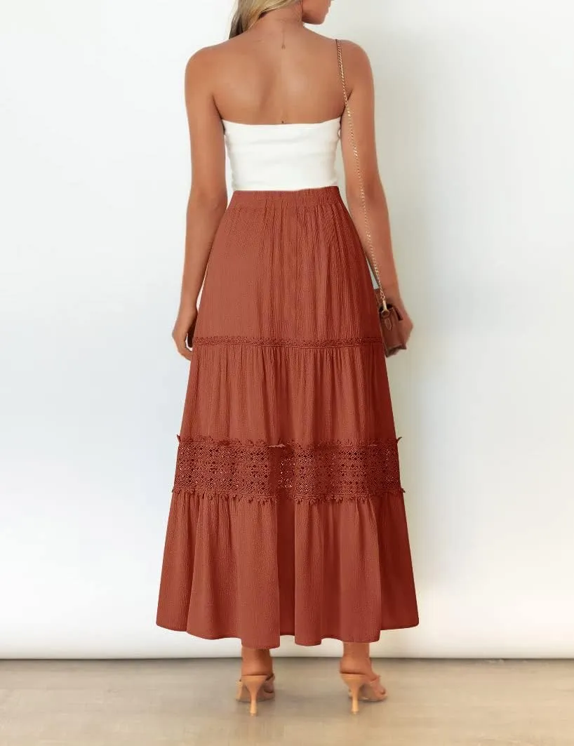 MEROKEETY Women's Boho Elastic High Waist Pleated A-line Ruffle Lace Trim Tiered Midi Maxi Skirt with Pockets