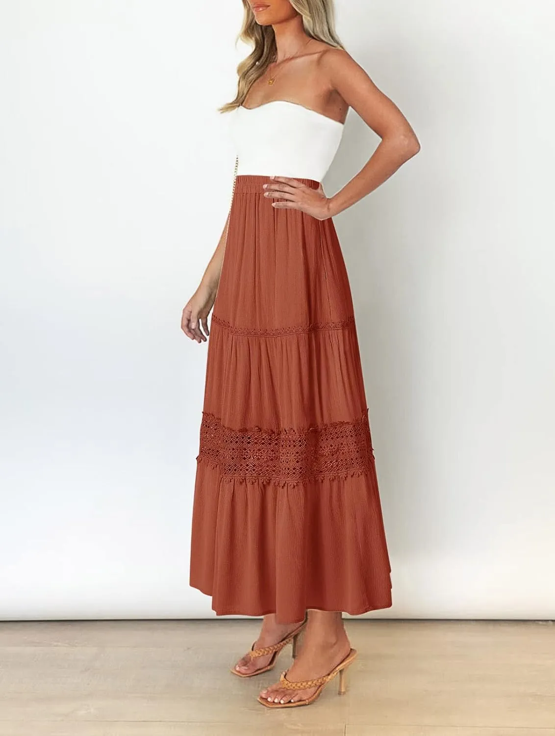 MEROKEETY Women's Boho Elastic High Waist Pleated A-line Ruffle Lace Trim Tiered Midi Maxi Skirt with Pockets