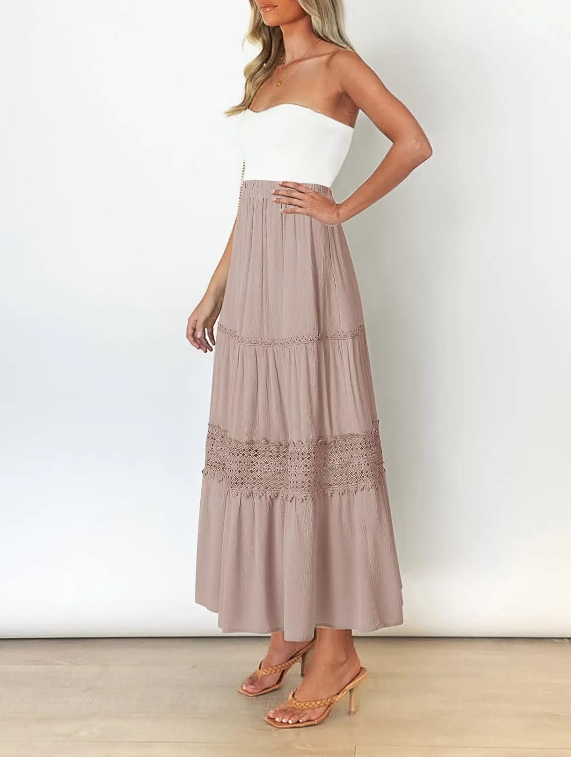 MEROKEETY Women's Boho Elastic High Waist Pleated A-line Ruffle Lace Trim Tiered Midi Maxi Skirt with Pockets