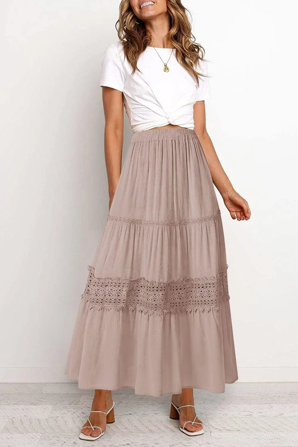 MEROKEETY Women's Boho Elastic High Waist Pleated A-line Ruffle Lace Trim Tiered Midi Maxi Skirt with Pockets