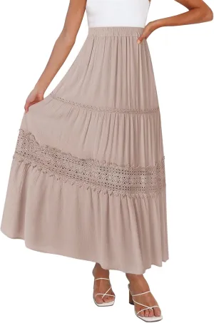 MEROKEETY Women's Boho Elastic High Waist Pleated A-line Ruffle Lace Trim Tiered Midi Maxi Skirt with Pockets