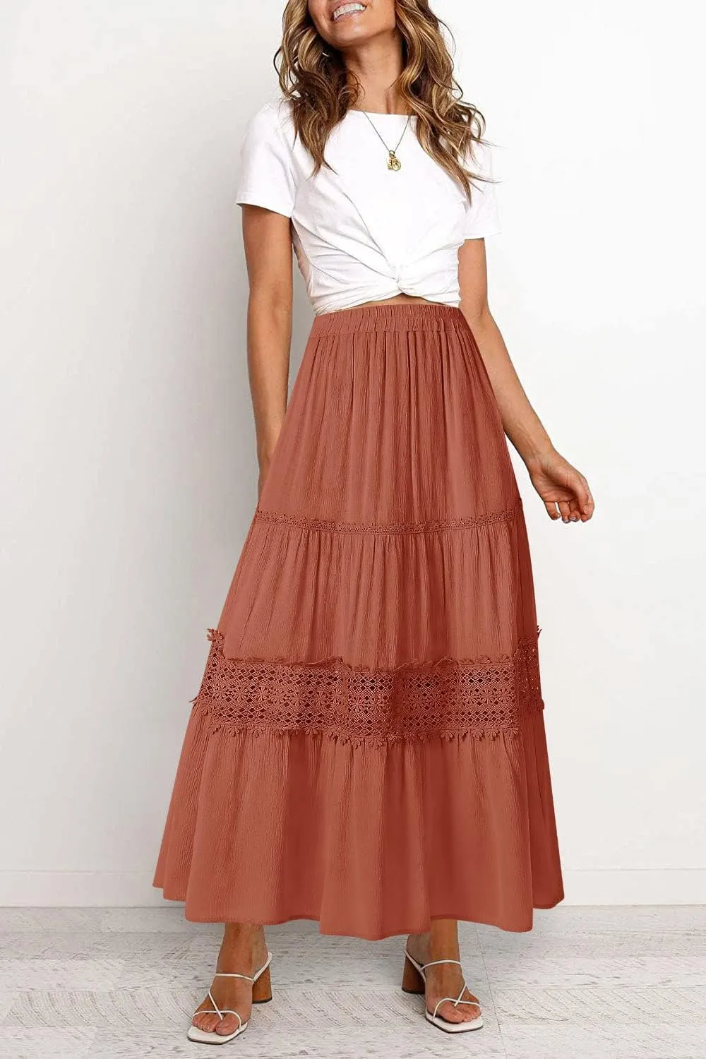 MEROKEETY Women's Boho Elastic High Waist Pleated A-line Ruffle Lace Trim Tiered Midi Maxi Skirt with Pockets