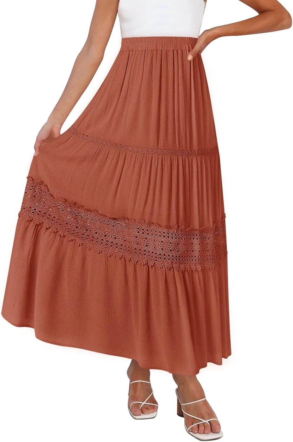 MEROKEETY Women's Boho Elastic High Waist Pleated A-line Ruffle Lace Trim Tiered Midi Maxi Skirt with Pockets