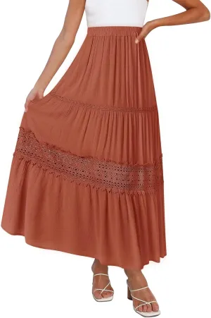 MEROKEETY Women's Boho Elastic High Waist Pleated A-line Ruffle Lace Trim Tiered Midi Maxi Skirt with Pockets