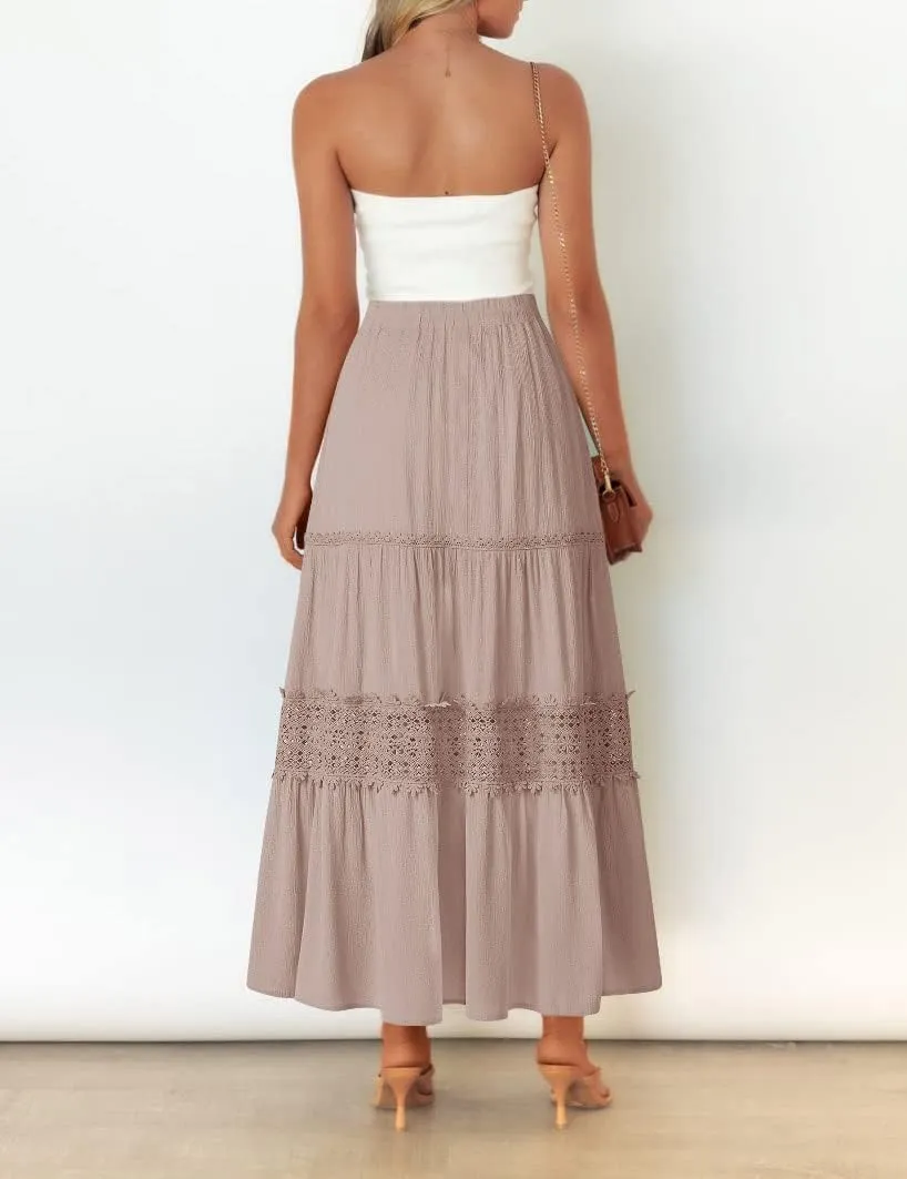 MEROKEETY Women's Boho Elastic High Waist Pleated A-line Ruffle Lace Trim Tiered Midi Maxi Skirt with Pockets
