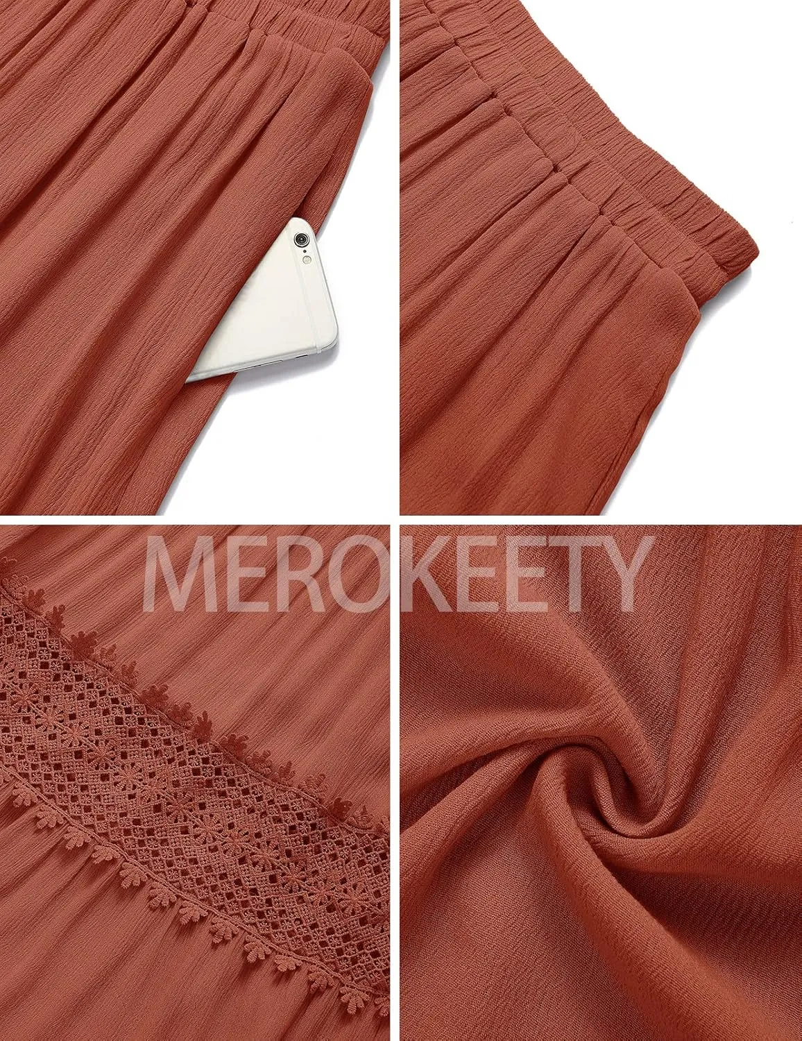 MEROKEETY Women's Boho Elastic High Waist Pleated A-line Ruffle Lace Trim Tiered Midi Maxi Skirt with Pockets