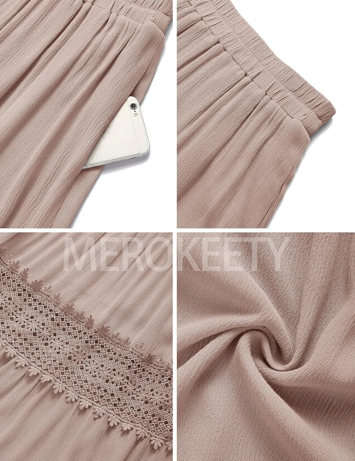 MEROKEETY Women's Boho Elastic High Waist Pleated A-line Ruffle Lace Trim Tiered Midi Maxi Skirt with Pockets