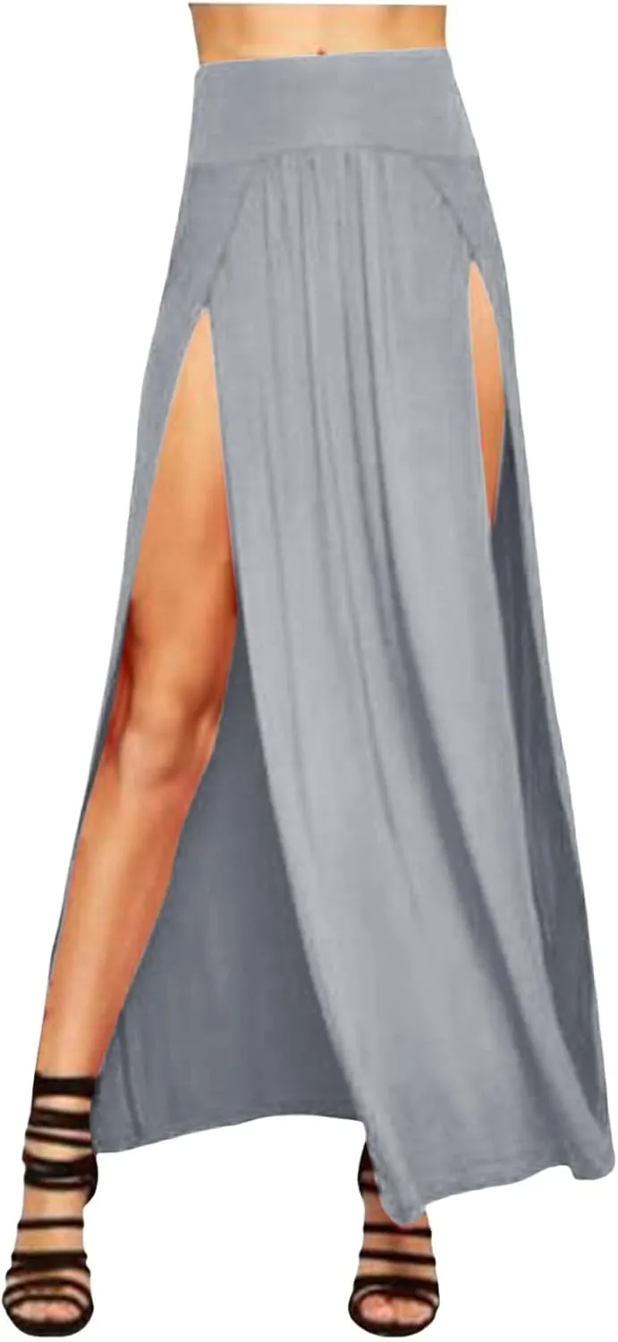 Midi Skirts for Women Womens Double Split Maxi Long Skirt Ladies Plain Basic Two Side Slit 4 22