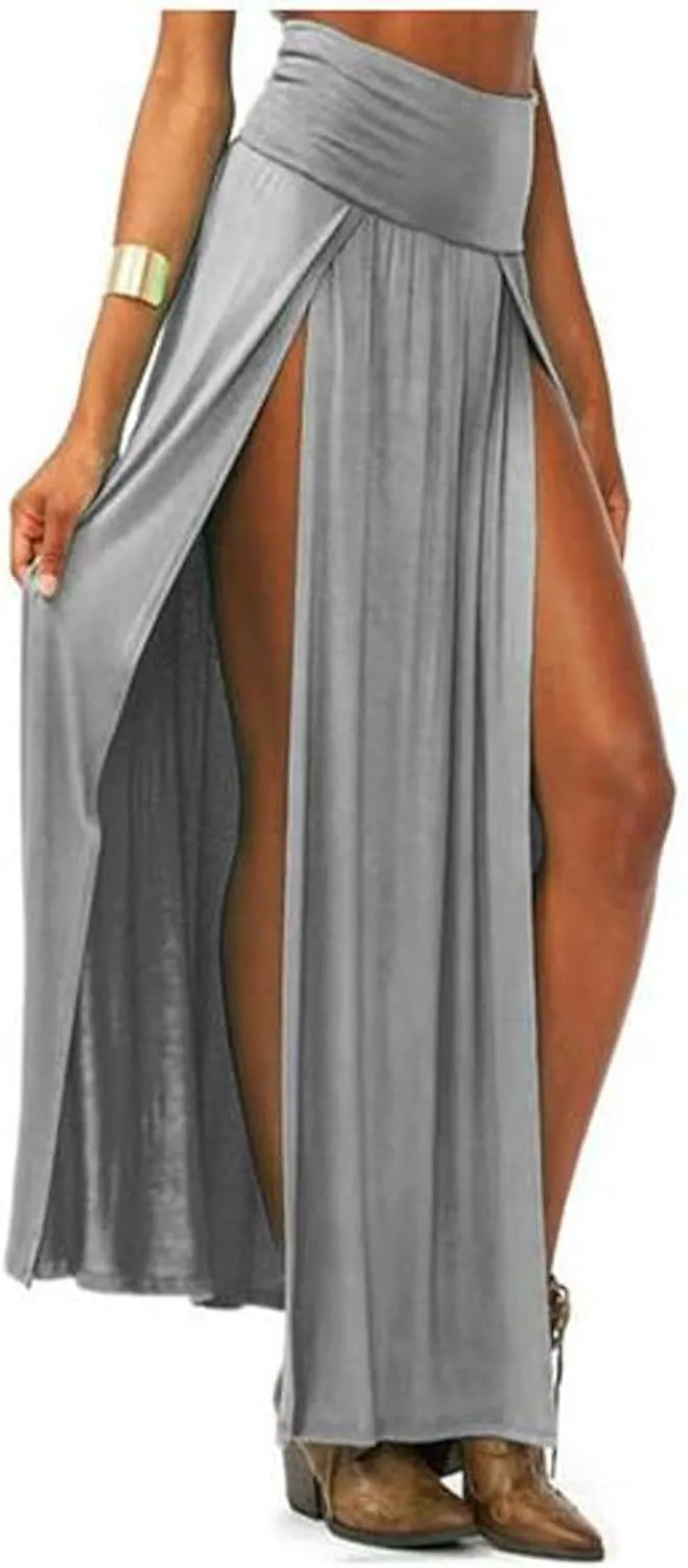 Midi Skirts for Women Womens Double Split Maxi Long Skirt Ladies Plain Basic Two Side Slit 4 22