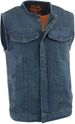 Milwaukee Leather MDM3001 Men's 'Covert' Black Denim Collarless Club Style Motorcycle Biker Vest w/Dual Closure