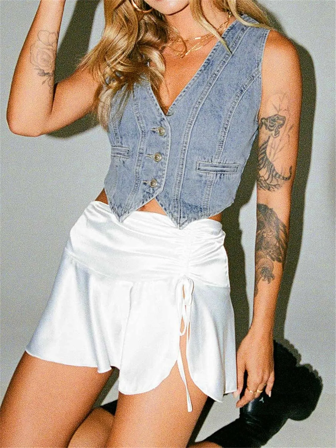 Miqil Women Y2K Button Down Denim Vest Sexy Sleeveless Denim Crop Top Low Cut Strapless Jean Corset Bustier Streetwear