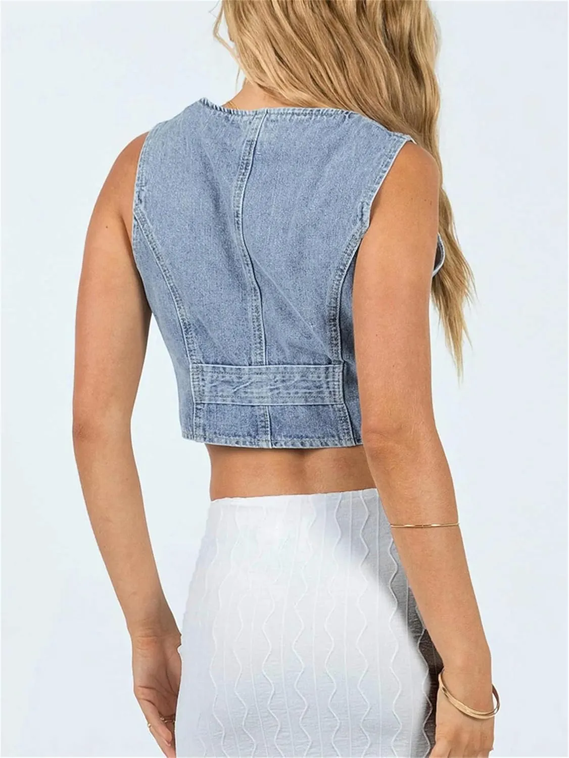 Miqil Women Y2K Button Down Denim Vest Sexy Sleeveless Denim Crop Top Low Cut Strapless Jean Corset Bustier Streetwear