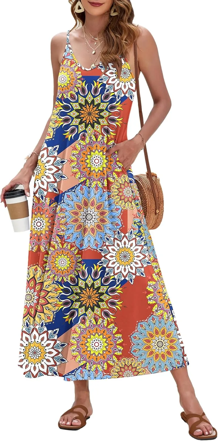 MISFAY Women Summer Maxi Dress Casual Sleeveless Sundress V Neck Loose Spaghetti Strap Long Beach Dress with Pockets