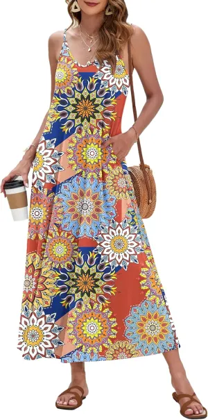 MISFAY Women Summer Maxi Dress Casual Sleeveless Sundress V Neck Loose Spaghetti Strap Long Beach Dress with Pockets