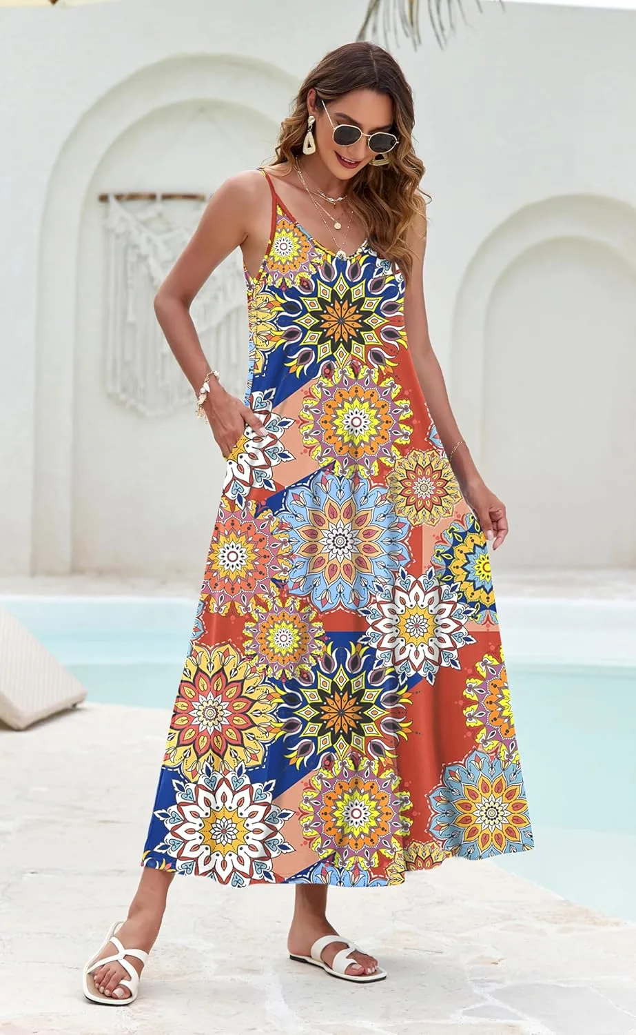 MISFAY Women Summer Maxi Dress Casual Sleeveless Sundress V Neck Loose Spaghetti Strap Long Beach Dress with Pockets