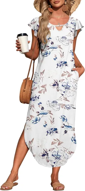 MISFAY Women's Summer Maxi Dress Ruffle Sleeve Long Beach Split Dresses with Pockets