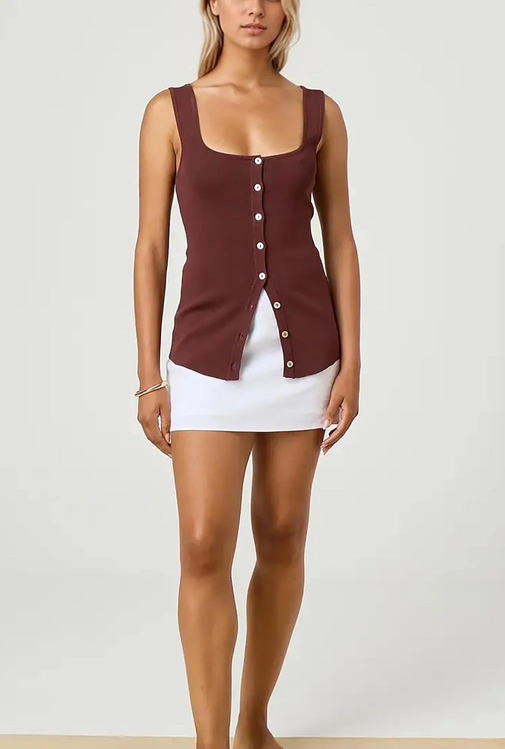 MISSACTIVER Women Summer Square Neck Button Down Sweater Tank Top Sleeveless Backless Slim Fit Knitted Split Camisole Shirt