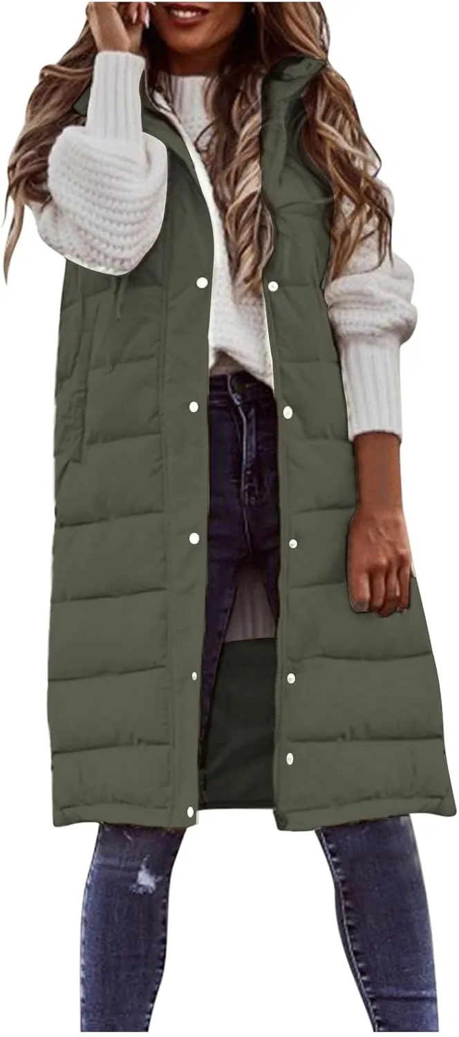 Mmoneyake Womens Long Down Vest Full-Zip Hooded Sleeveless Down Jacket Coat Warm Winter Outdoor Puffer Quilted Vest Outerwear